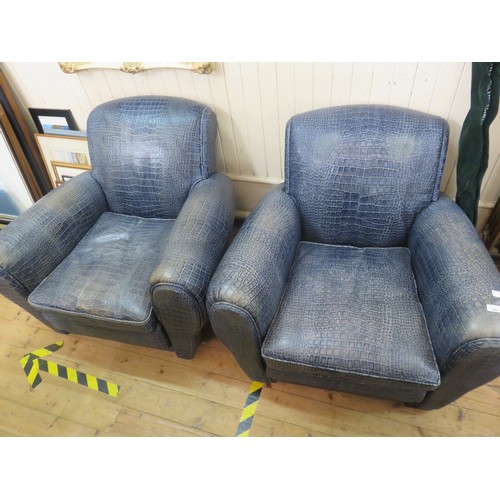 345 - Pair of Blue Leather Crocodile Embossed Skin Armchairs