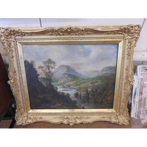 12 - Large Gilt Framed oil Painting, Mountain and River Scene with Shepherds, Unsigned