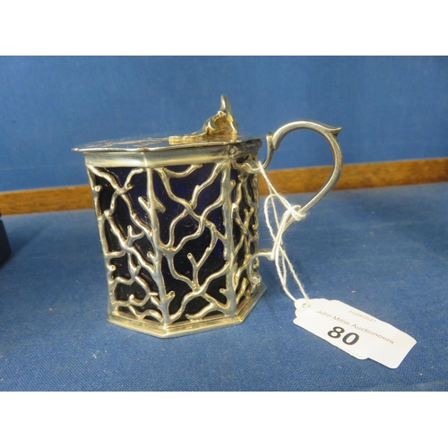 80 - Victorian London Silver Openwork Mustard Pot with Blue Glass Liner