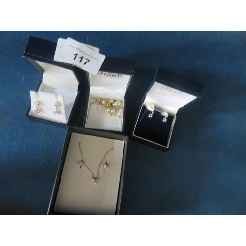 117 - Three boxed pairs of Earrings, Boxed Pendant and Earring Set