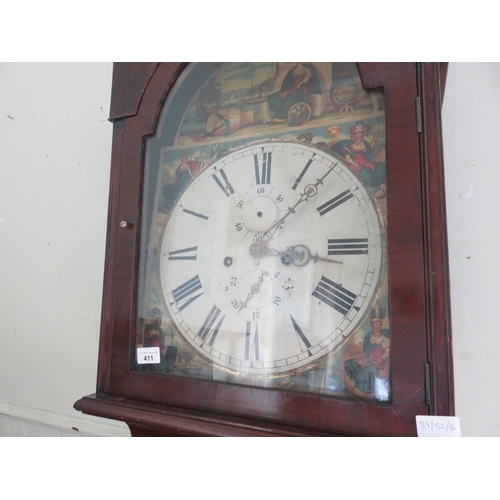 411 - 19th Century stained Mahogany Long Case Clock with painted dial