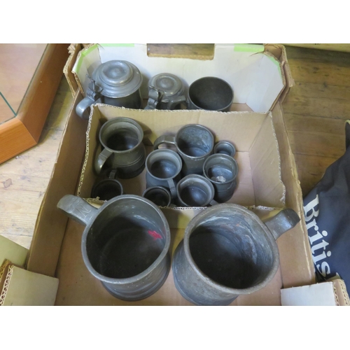 214 - Box of Pewter Tankards and measures, some with touch marks