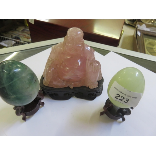 223 - Pink Quartz Buddha and two Hardstone Eggs