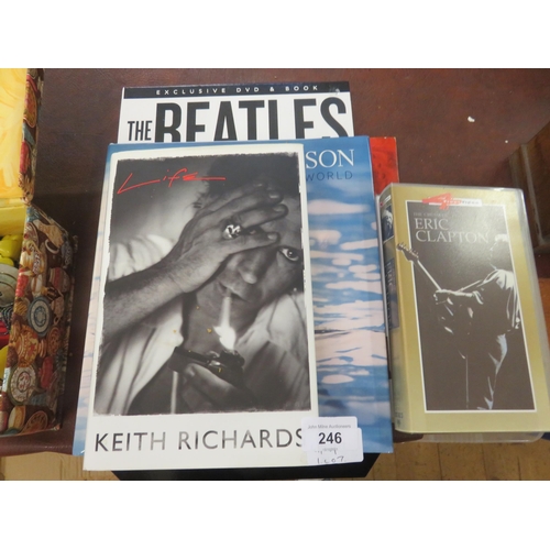 246 - Small lot of Books, signed Keith Richards, Beatles signed Record and Videos