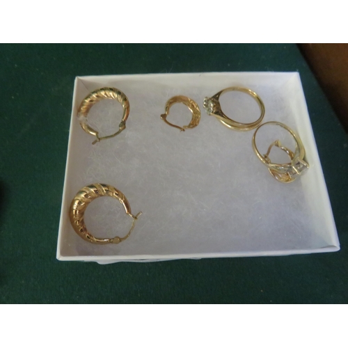 63 - Box with two pairs of Gold Earrings, Three Gold Dress Rings