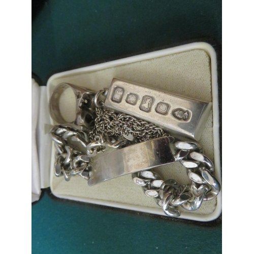 67 - Silver Ingot on Chain, Silver I.D. Bracelet, Plus Silver Ring