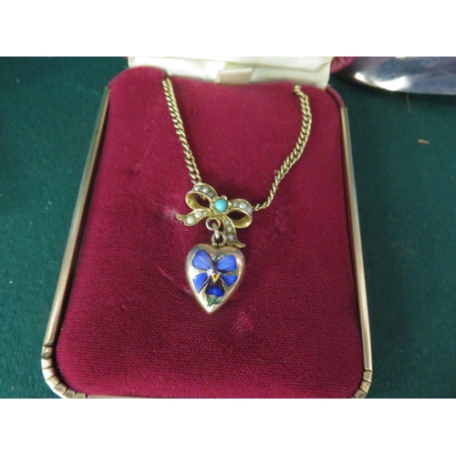 77 - Gold Enamel Pearl and Turquoise Heart Pendant Necklace