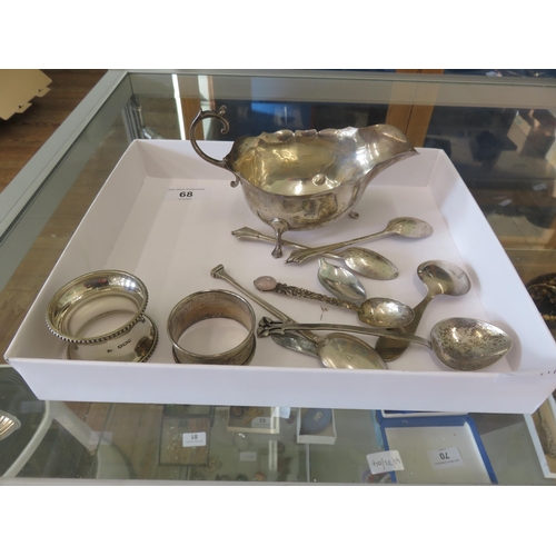 68 - Small Lot of Silver items, Napkin Rings Gravy Boat and Spoons