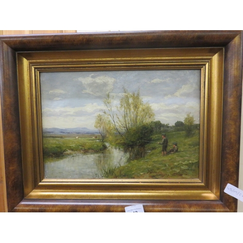 42 - Framed Oil Painting - Landscape with Boys Fishing -G.W Johnstone 1877  9.5 x 14.5 inches