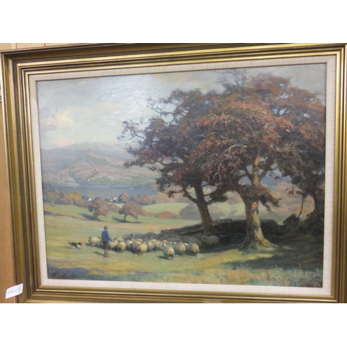 45 - Framed Oil Painting - Landscape with Shepherd and Sheep - William  Pratt 1920 17.5 x 23 inches