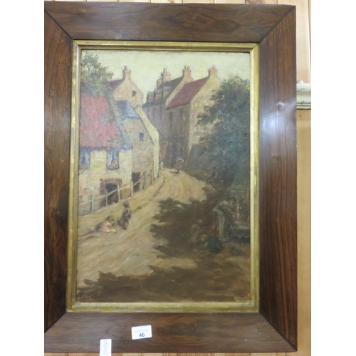 46 - Rosewood Framed Oil Painting - Village Scene with Figures, possibly Fife. - C.R Sellar 20½  x 14 inc... 