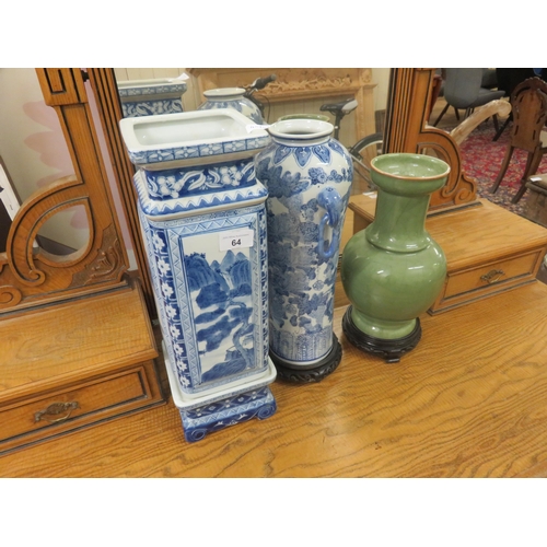 64 - Two Blue and White Chinese Style Vases Plus One Other