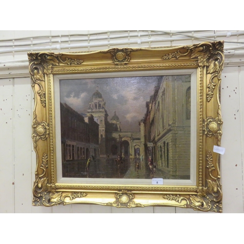 8 - Gilt Framed Oil Painting - Glasgow Street Scene - R. Forsyth  13.5 x 18 inches