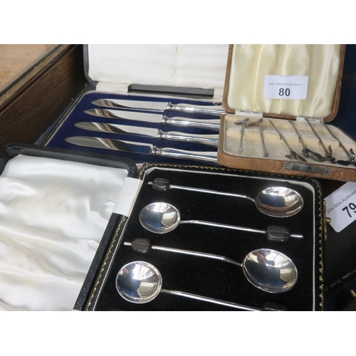 80 - Six boxed Silver Handled Knives, 6 Silver Coffee Spoons, 6 Silver Cocktail Skewers (boxed)