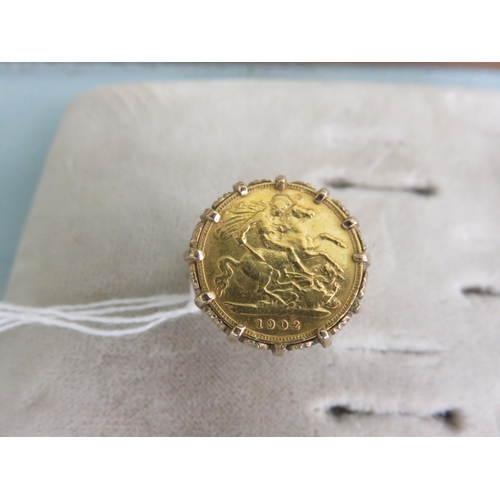 110 - 9ct. Gold Mounted Sovereign Ring 11.1 grams