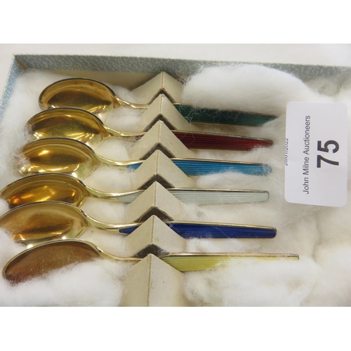 75 - Box of six Norwegian  Silver and Enamel Spoons