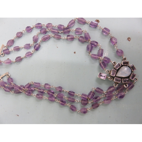 93 - Silver Amethyst and Moonstone Three Strand Necklace