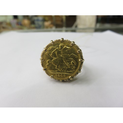 110 - 9ct. Gold Mounted Sovereign Ring 11.1 grams