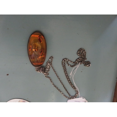 109 - Large Silver Amber Pendant and Chain