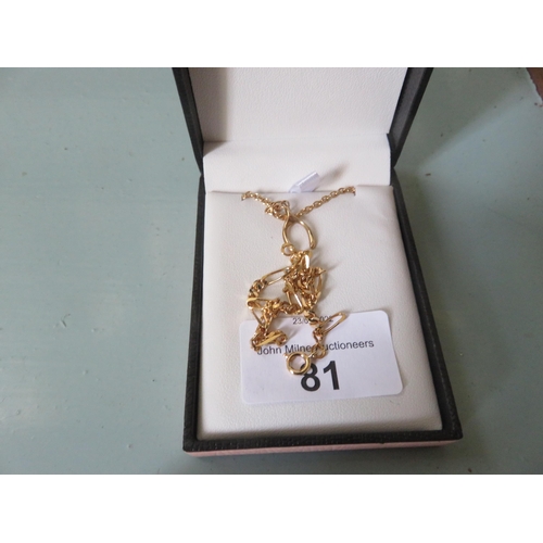 81 - 9ct Gold Wishbone Pendant on Chain and A Gilt Metal Bracelet