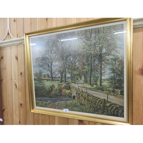 25 - Gilt Framed Signed Print with River and Sheep - McIntosh Patrick