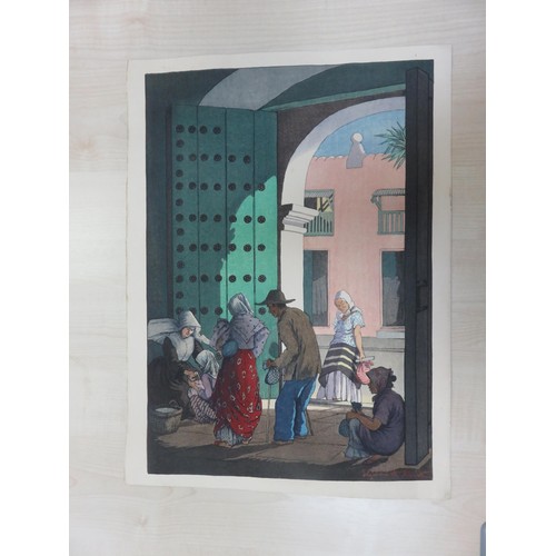 11 - Woodblock Print by Elizabeth Keith, in fresh vibrant colours, figures in doorway. Circa 1924 (probab... 