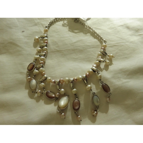 71 - Modern Silver, Pearl and Gemstone Necklace