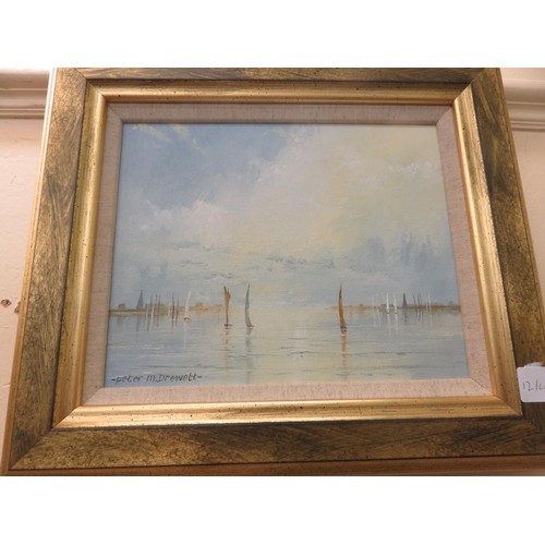 3 - Two Gilt Framed Oil Paintings by Drewett featuring Sea and Sailing Boats
