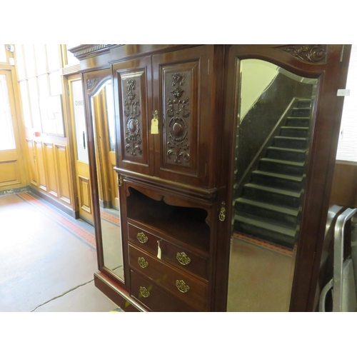 417 - Edwardian Carved Mahogany Wardrobe with two mirror doors