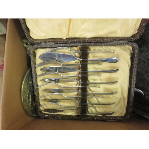 260 - Box with Plated Ware, Teapots, Trays, Cutlery etc.