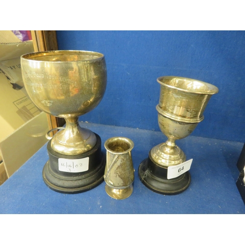 64 - Three Silver Trophies - Two on Stands.   197.5g.  (One is Garrard and Co.)