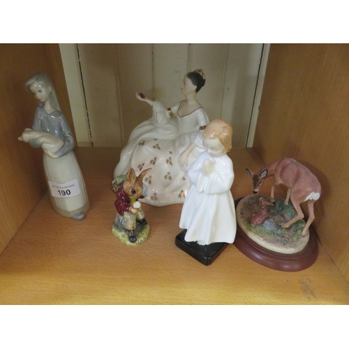 190 - Border Fine Arts 'Roe Deer and Fawn'. One Lladro and Three Royal Doulton Figures - 'Billy Bunnykins ... 