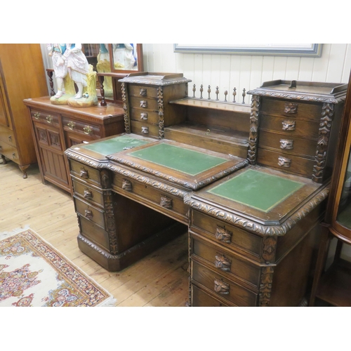 468 - Heavily Carved Oak Double Pedestal Writing Desk with Green Leather Top