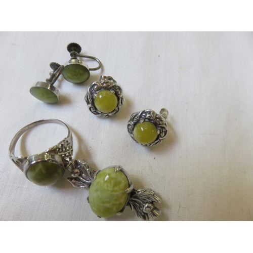 68 - Quantity of Green Hardstone Jewellery, Brooch, Ring, Two Pairs of Earrings