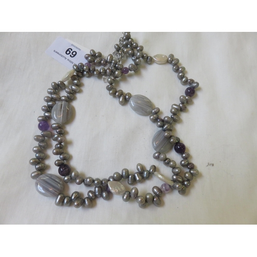 69 - Double Strand Grey Pearls with Amethyst and Agate