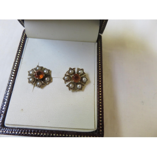 79 - Victorian 9ct. Gold Citrine and Seed Pearl Flower Earrings