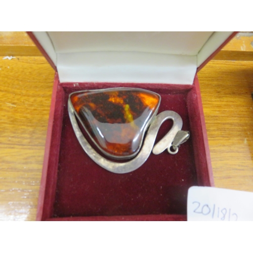 164 - Large Silver Amber Pendant