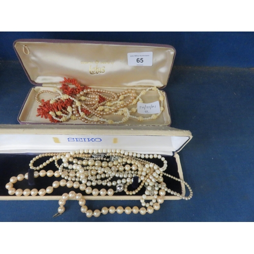 65 - Two boxes with various Pearls and Coral Necklaces