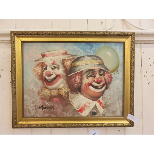 20 - Framed Modern Oil Painting, Two Clowns. W. Moninet