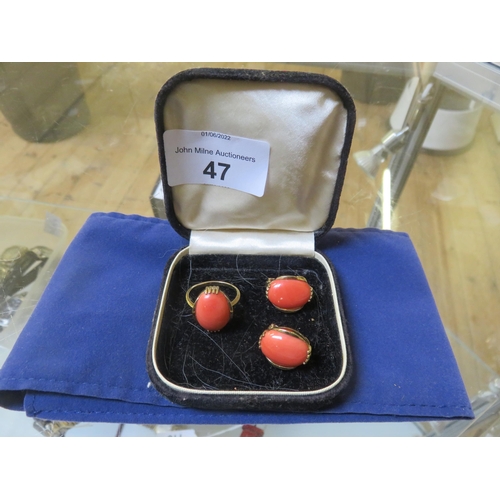 47 - Coral Ring, Pair of Matching Earrings