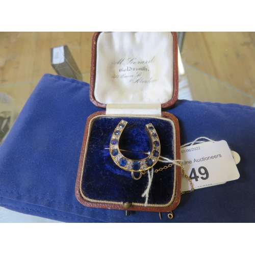 Gold Sapphire and Diamond Horseshoe Brooch in Fitted Case