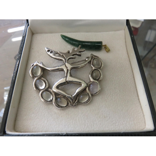 110C - Jade Pendant Moonstone Brooch and Gilt and Gem Ring