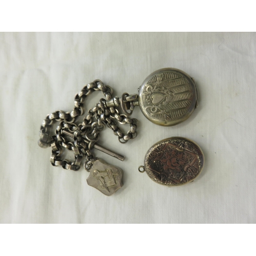84 - Silver Fob Watch on Chain, odd Silver Locket