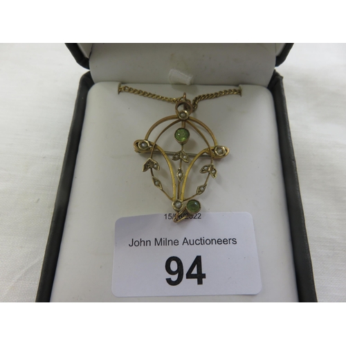 94 - Art Nouveau Gold Peridot and Pearl Pendant