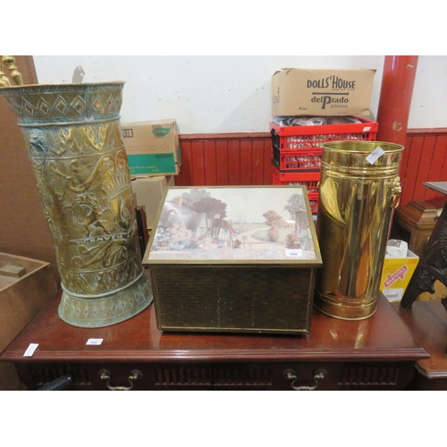 506 - Two Brass Stick Stands and a Log Box