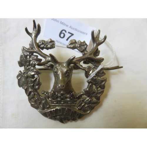 67 - Silver Hallmarked Gordon Highlanders Glengarry Officers Cap Badge