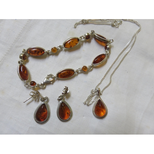 70 - Silver (925 stamp)  and Amber Necklace, Bangle and Earrings