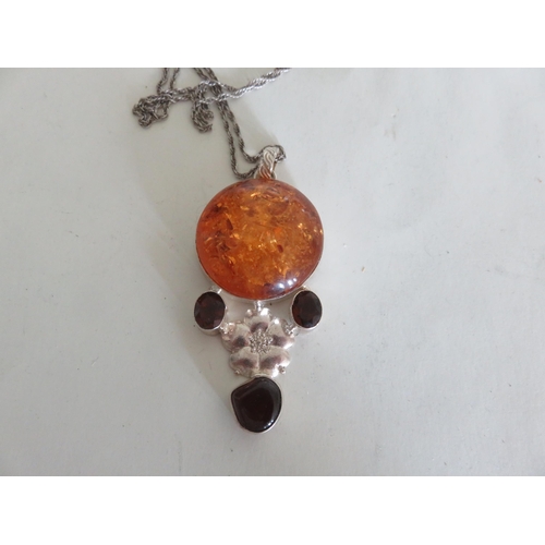 109 - Large Silver Amber Citrines and Carnelian Set Pendant