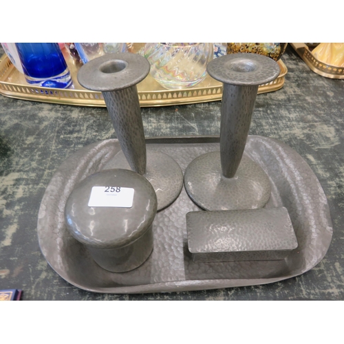 258 - Pewter Tray with Candlesticks etc