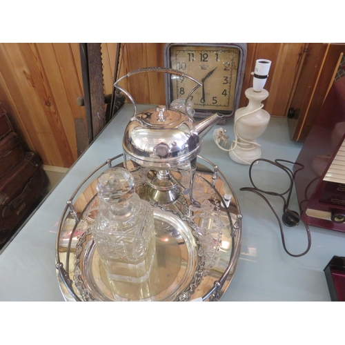 365 - Plated Gallery Tray with Decanters, Lamp and Spirit Kettle